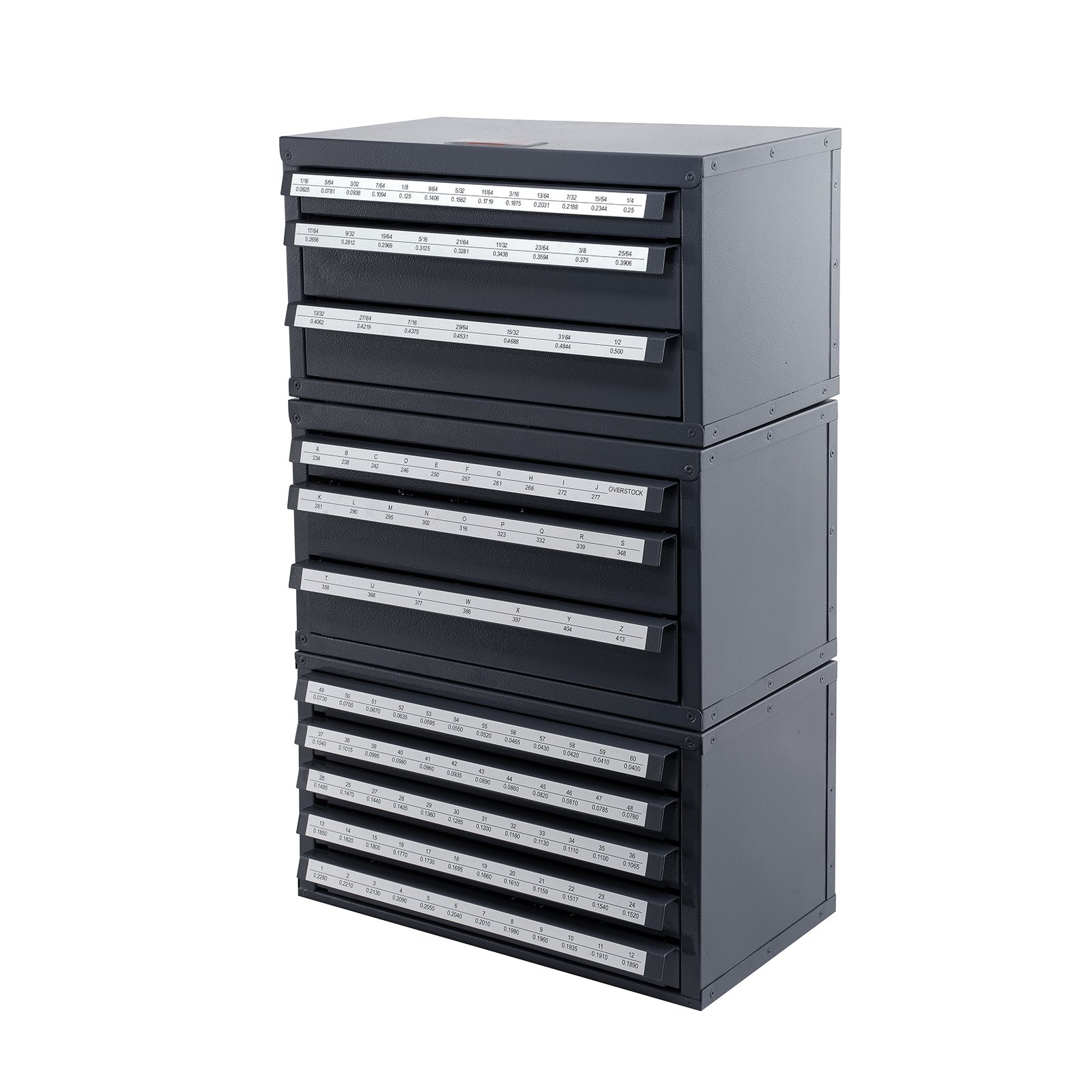 VEVOR drill bit organizer with multiple labeled drawers, black and silver color.