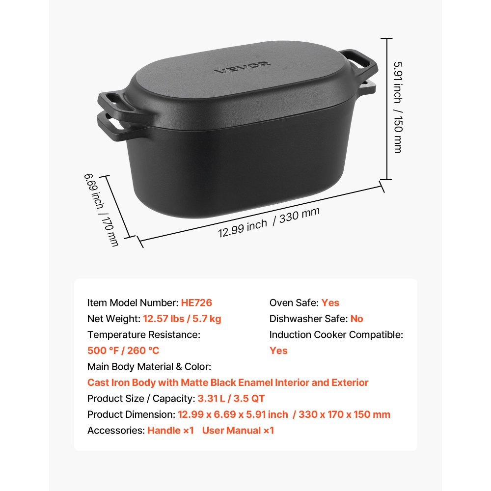 VEVOR Enameled Cast Iron Dutch Oven, 3.5 Quart Pot with Lid and Dual Handles, Heavy-Duty Durable Cookware Pan, Oven Induction Compatible up to 500℉, for Braising, Stews, Roasting, Bread Baking, Black