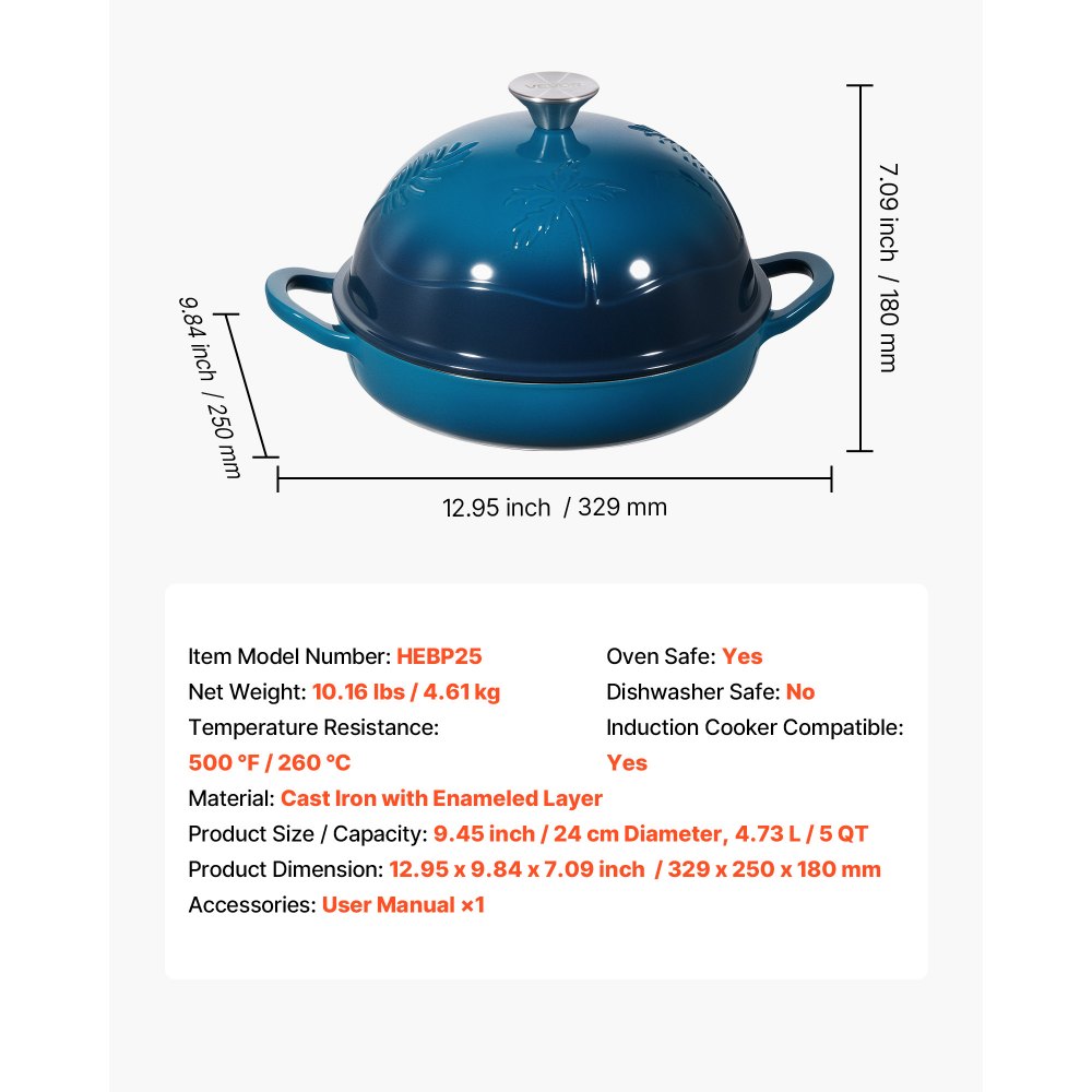 VEVOR Enameled Cast Iron Dutch Oven, 4.7L Pot for Sourdough Bread Baking, Heavy-Duty Cookware Pan with Lid and Dual Handles, Oven Induction Compatible up to 260 ℃, for Cooking Roasting