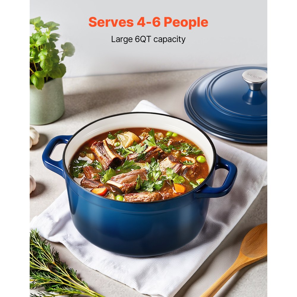 VEVOR Enameled Cast Iron Dutch Oven, 5.7L Pot with Lid and Dual Handles, Heavy-Duty Durable Cookware Pan, Oven Induction Compatible up to 260 ℃, for Braising, Stews, Roasting, Bread Baking, Blue