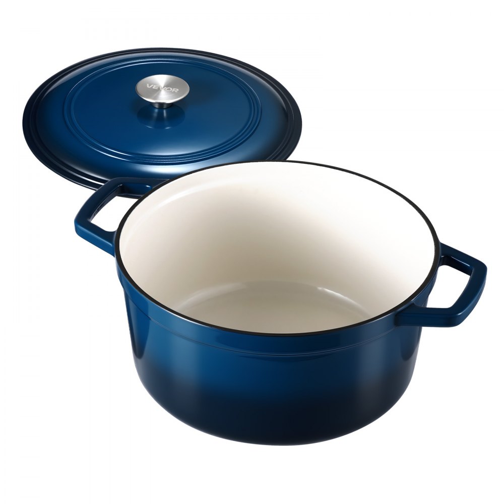 VEVOR Enameled Cast Iron Dutch Oven, 5.7L Pot with Lid and Dual Handles, Heavy-Duty Durable Cookware Pan, Oven Induction Compatible up to 260 ℃, for Braising, Stews, Roasting, Bread Baking, Blue