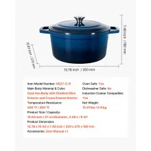 Enameled Cast Iron Dutch Oven Heavy-Duty Cookware with Lid Handles 6 Qt Blue