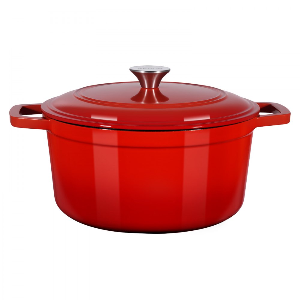 VEVOR Enameled Cast Iron Dutch Oven, 5.7L Pot with Lid and Dual Handles, Heavy-Duty Durable Cookware Pan, Oven Induction Compatible up to 260 ℃, for Braising, Stews, Roasting, Bread Baking, Red