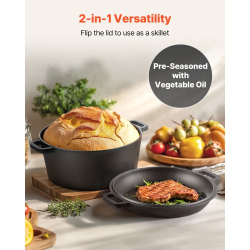 E-far 5 Quart Enameled Cast Iron Dutch Oven With Skillet Lid & Bread Sling - Red, Oven Safe