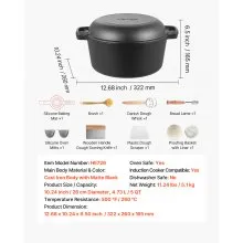 Cast Iron Dutch Oven 2-in-1 Pre-Seasoned Double Pot with Lid Handles 5 Qt Black