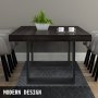 modern dining table with VEVOR steel table legs, dark wood top, and grey chairs.