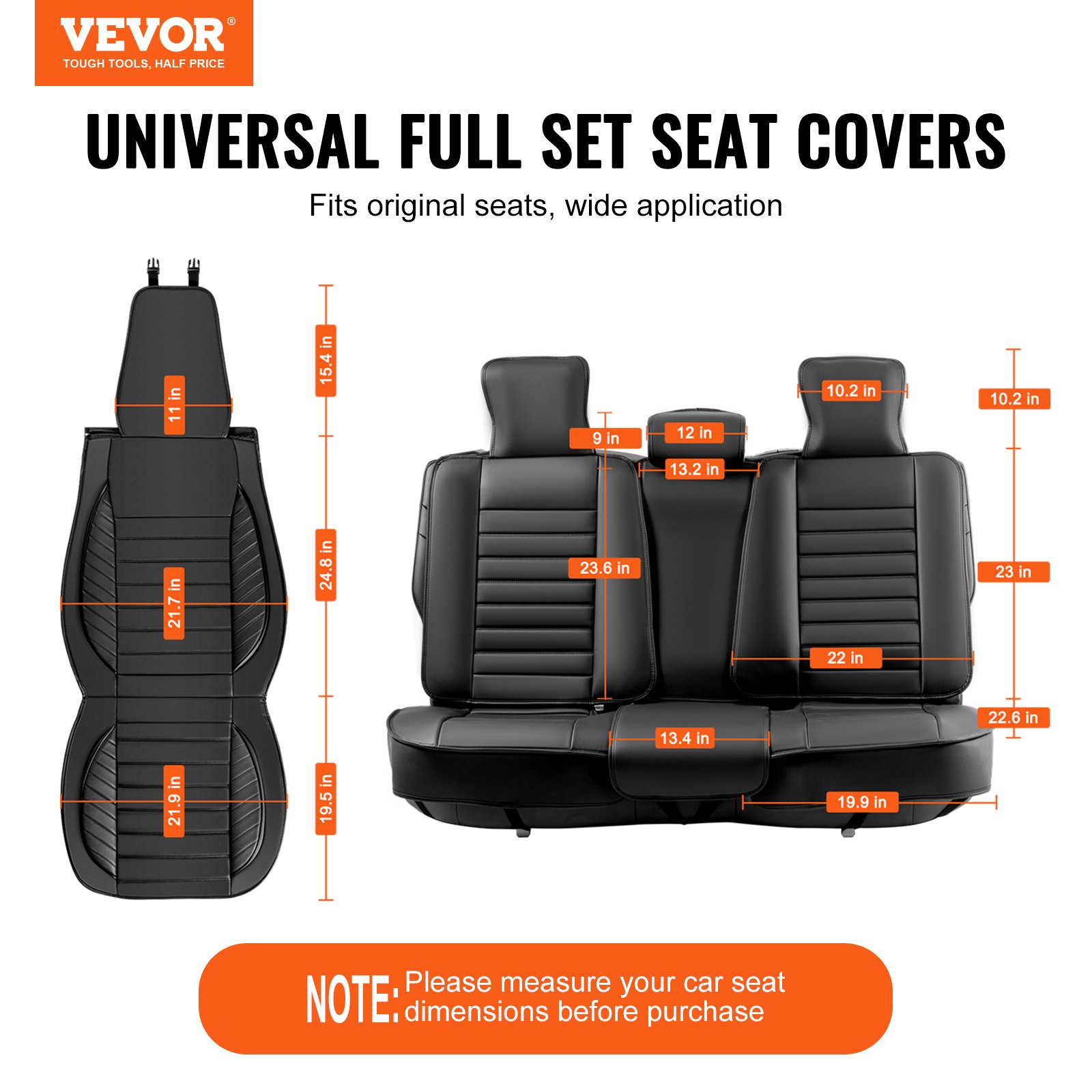VEVOR car seat covers - universal full set, dimensions shown, fits original seats, wide application.