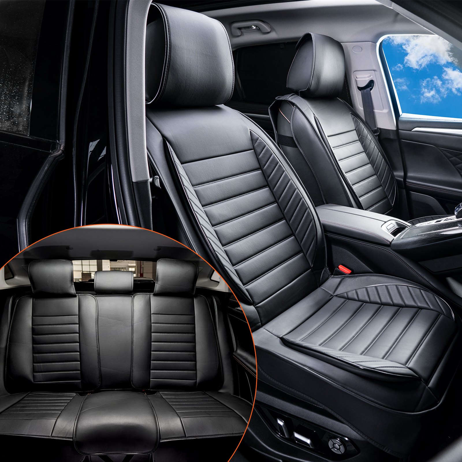 VEVOR car seat covers in black for front and rear seats, showcasing sleek design and premium material.