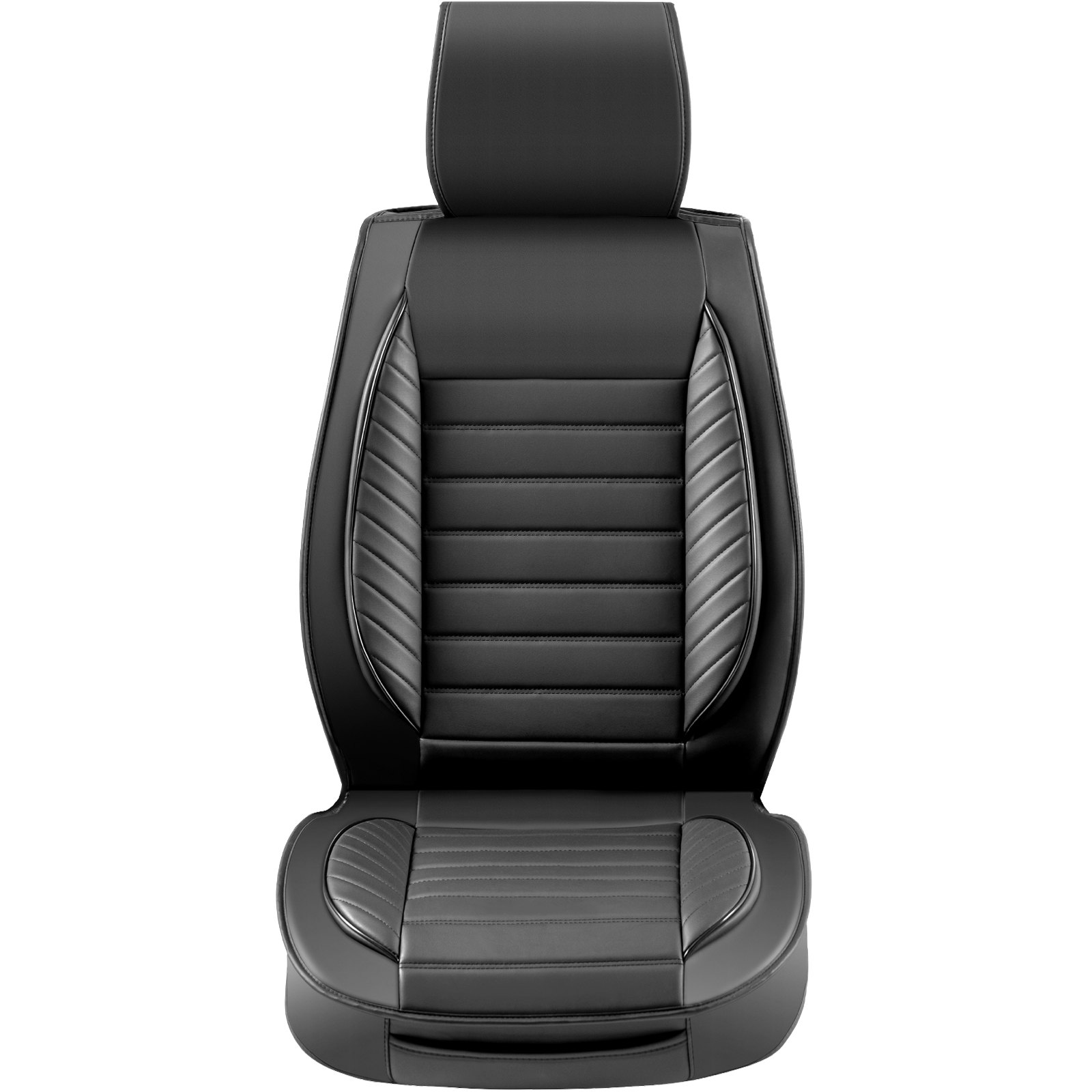 black leather VEVOR car seat cover with sleek, ribbed design and integrated headrest.