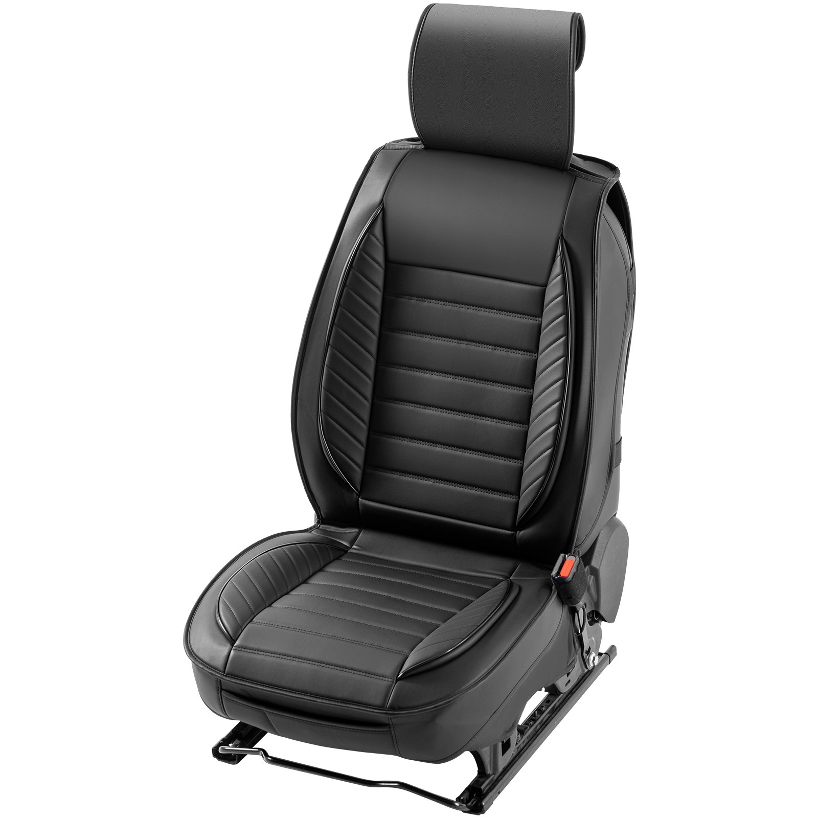 black VEVOR car seat covers featuring sleek design, horizontal stitching, and integrated headrest.