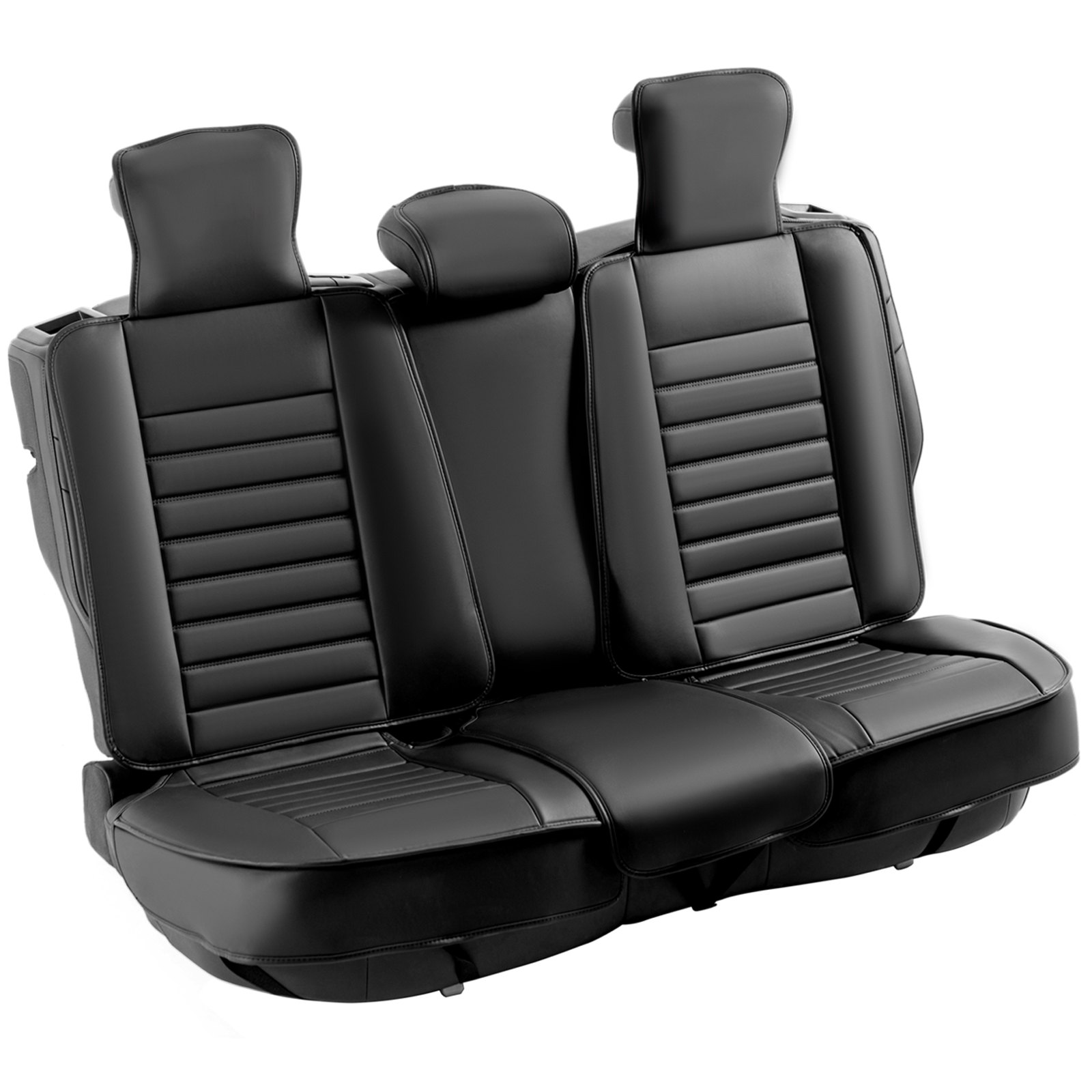 black VEVOR car seat covers with padded sections, headrests, and sleek design for rear seats.