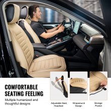 VEVOR Fundas de asiento universales para asientos delanteros, 2 fundas de asiento de piel sintética, diseño semicerrado, reposacabezas desmontable y compatible con airbag, para la mayoría de los coches, SUV y camiones, color beige