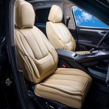 Capas de assento VEVOR, capas de assento de carro universais, assentos dianteiros, 6 peças de capa de assento de couro sintético, design totalmente fechado, encosto de cabeça removível e compatível com airbag, para a maioria dos carros, SUVs e caminhões, bege