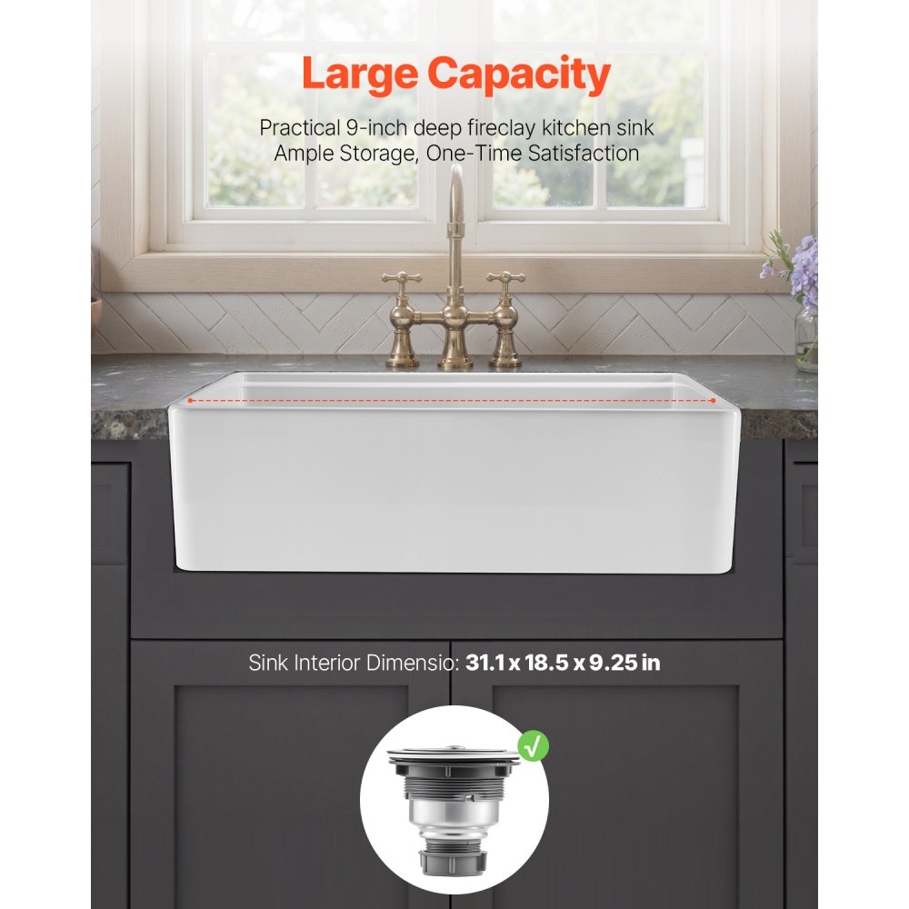 VEVOR 32.5x20 inch Farmhouse Sink, White Sink Workstation, Fireclay Undermount Basins, Apron Front Single Bowl Basin with Multiple Accessories, Large Capacity Household Dishwasher Sinks for Kitchen