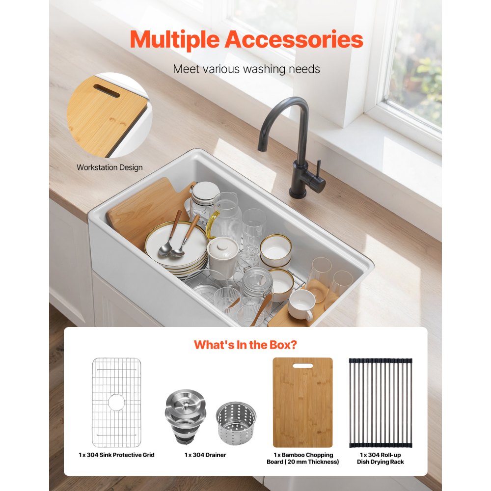 VEVOR 32.5x20 inch Farmhouse Sink, White Sink Workstation, Fireclay Undermount Basins, Apron Front Single Bowl Basin with Multiple Accessories, Large Capacity Household Dishwasher Sinks for Kitchen