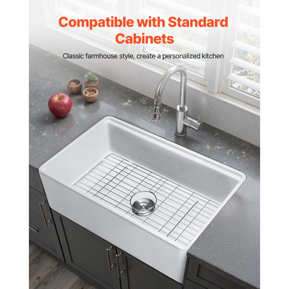 VEVOR 32.5x20 inch Farmhouse Sink, White Sink Workstation, Fireclay Undermount Basins, Apron Front Single Bowl Basin with Multiple Accessories, Large Capacity Household Dishwasher Sinks for Kitchen