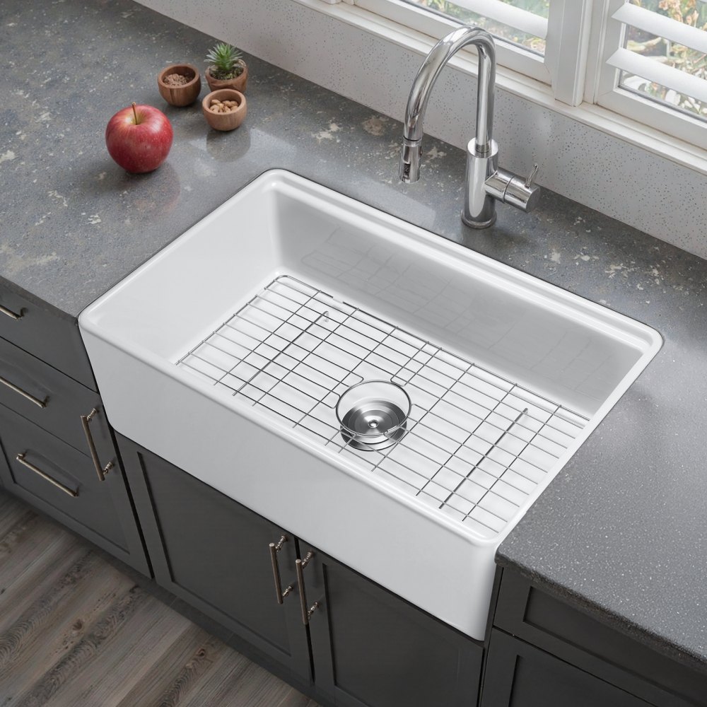 VEVOR 32.5x20 inch Farmhouse Sink, White Sink Workstation, Fireclay Undermount Basins, Apron Front Single Bowl Basin with Multiple Accessories, Large Capacity Household Dishwasher Sinks for Kitchen