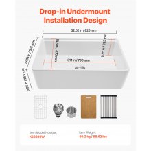 32.5x20 in Farmhouse Sink Undermount Kitchen Single Bowl Basin Fireclay White