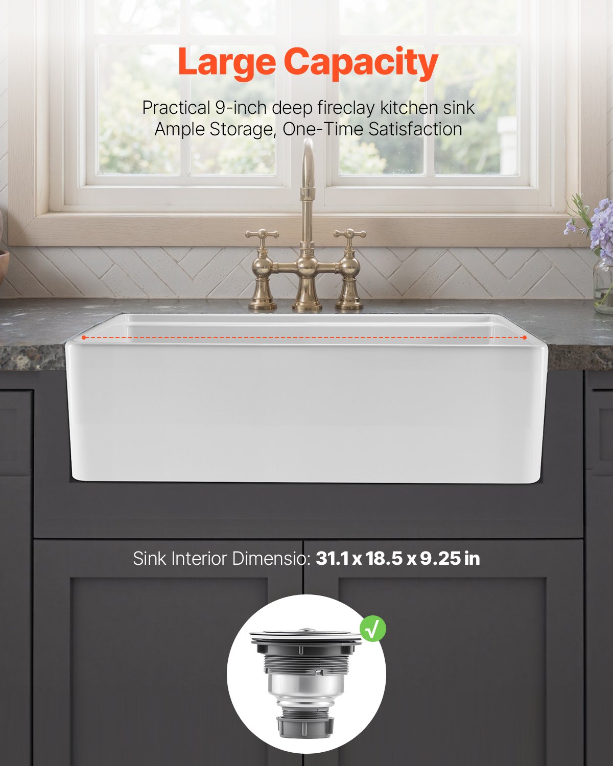 VEVOR 32.5x20 inch Farmhouse Sink, White Sink Workstation, Fireclay Undermount Basins, Apron Front Single Bowl Basin with Multiple Accessories, Large Capacity Household Dishwasher Sinks for Kitchen