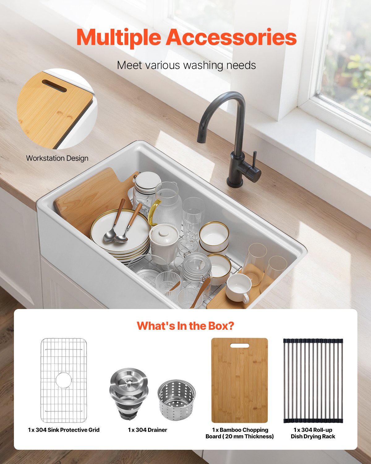 VEVOR 32.5x20 inch Farmhouse Sink, White Sink Workstation, Fireclay Undermount Basins, Apron Front Single Bowl Basin with Multiple Accessories, Large Capacity Household Dishwasher Sinks for Kitchen