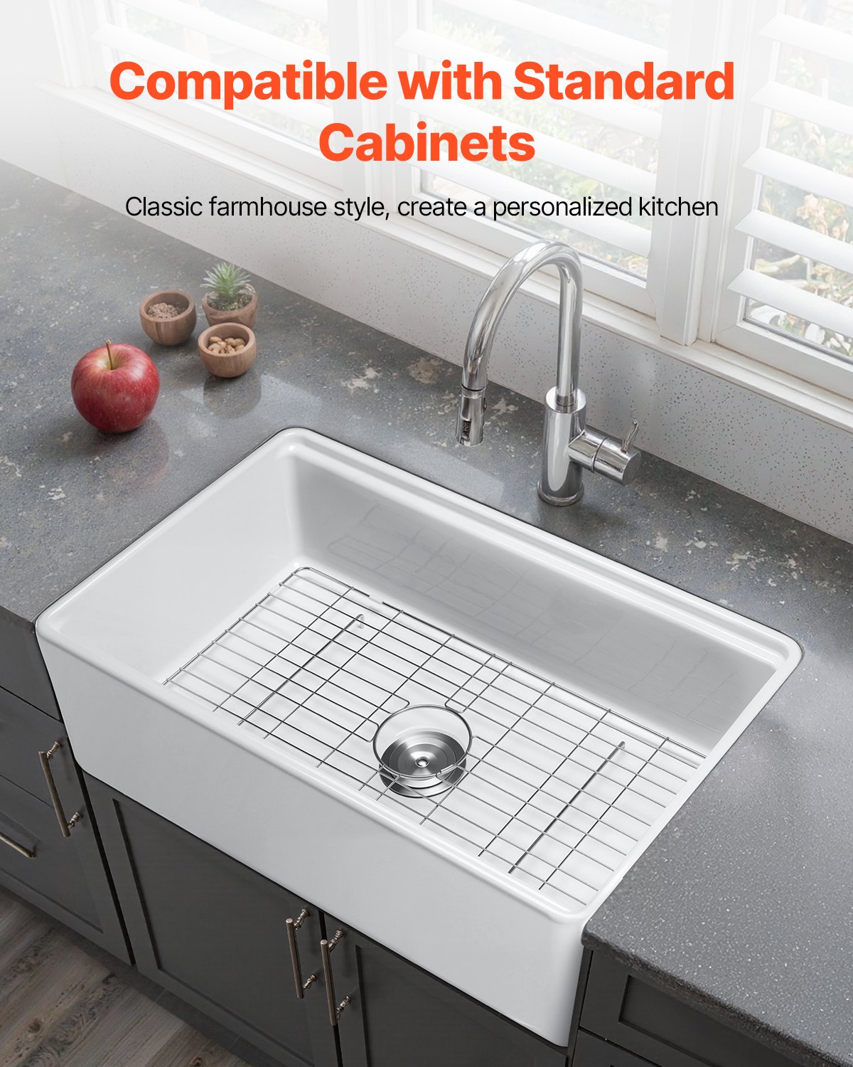 VEVOR 32.5x20 inch Farmhouse Sink, White Sink Workstation, Fireclay Undermount Basins, Apron Front Single Bowl Basin with Multiple Accessories, Large Capacity Household Dishwasher Sinks for Kitchen