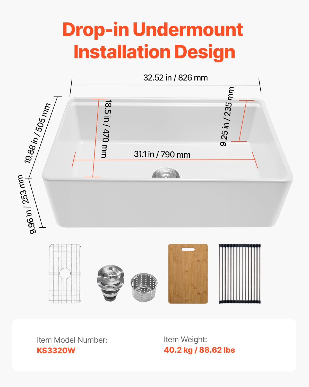 VEVOR 32.5x20 inch Farmhouse Sink, White Sink Workstation, Fireclay Undermount Basins, Apron Front Single Bowl Basin with Multiple Accessories, Large Capacity Household Dishwasher Sinks for Kitchen
