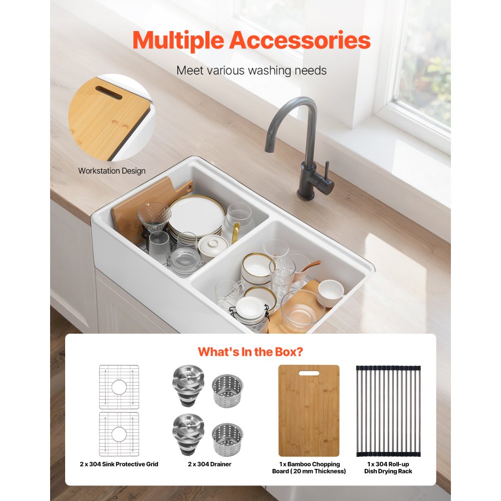 VEVOR 33x20 inch Farmhouse Sink, White Sink Workstation, Fireclay Undermount Basins, Apron Front Double Bowl Basin with Multiple Accessories, Large Capacity Household Dishwasher Sinks for Kitchen