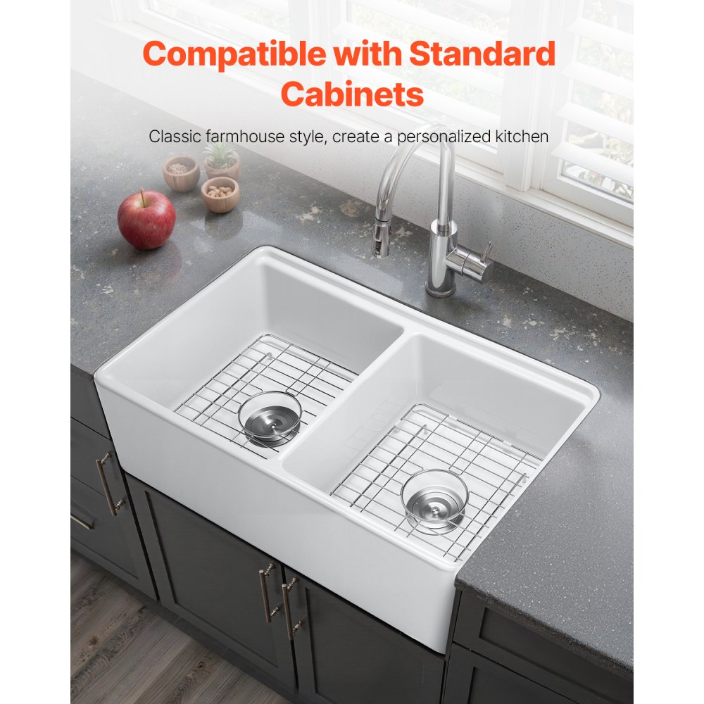 VEVOR 33x20 inch Farmhouse Sink, White Sink Workstation, Fireclay Undermount Basins, Apron Front Double Bowl Basin with Multiple Accessories, Large Capacity Household Dishwasher Sinks for Kitchen