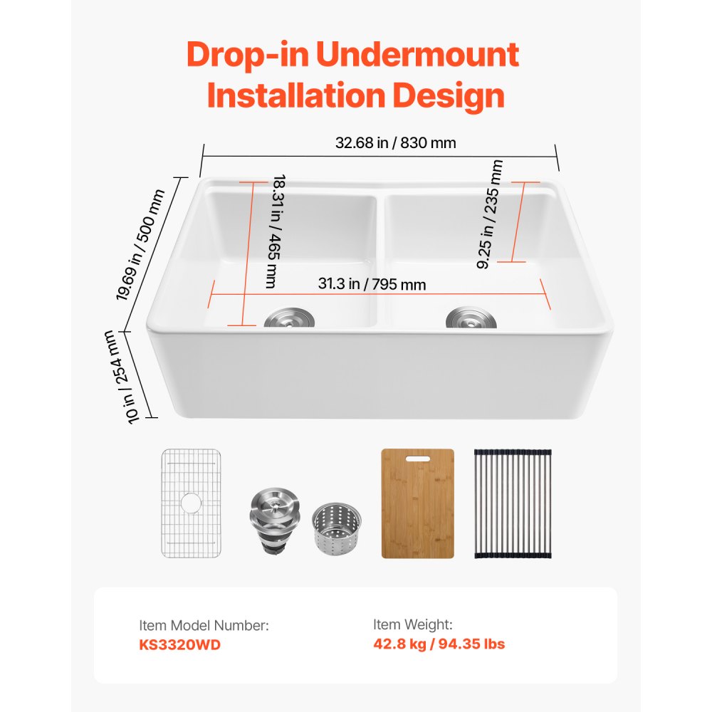 VEVOR 33x20 inch Farmhouse Sink, White Sink Workstation, Fireclay Undermount Basins, Apron Front Double Bowl Basin with Multiple Accessories, Large Capacity Household Dishwasher Sinks for Kitchen