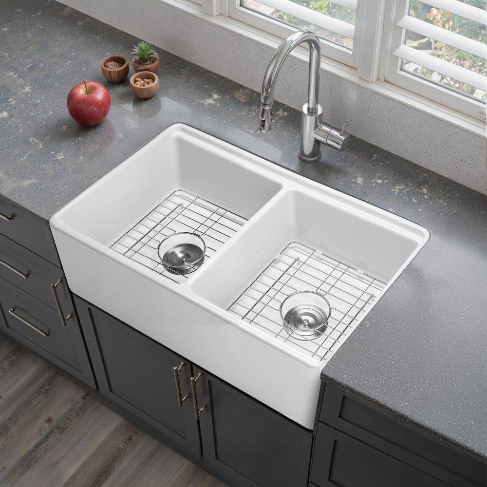 VEVOR 33x20 inch Farmhouse Sink, White Sink Workstation, Fireclay Undermount Basins, Apron Front Double Bowl Basin with Multiple Accessories, Large Capacity Household Dishwasher Sinks for Kitchen