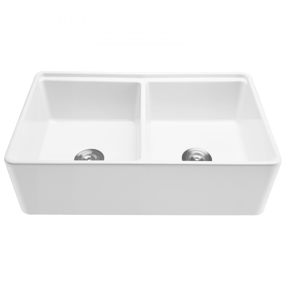 VEVOR 33x20 inch Farmhouse Sink, White Sink Workstation, Fireclay Undermount Basins, Apron Front Double Bowl Basin with Multiple Accessories, Large Capacity Household Dishwasher Sinks for Kitchen