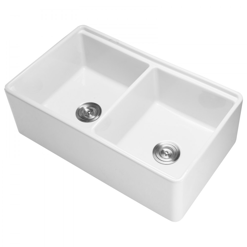VEVOR 33x20 inch Farmhouse Sink, White Sink Workstation, Fireclay Undermount Basins, Apron Front Double Bowl Basin with Multiple Accessories, Large Capacity Household Dishwasher Sinks for Kitchen