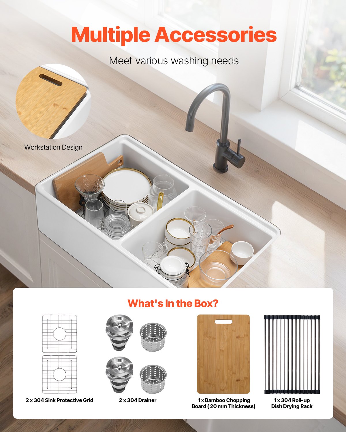 VEVOR 33x20 inch Farmhouse Sink, White Sink Workstation, Fireclay Undermount Basins, Apron Front Double Bowl Basin with Multiple Accessories, Large Capacity Household Dishwasher Sinks for Kitchen