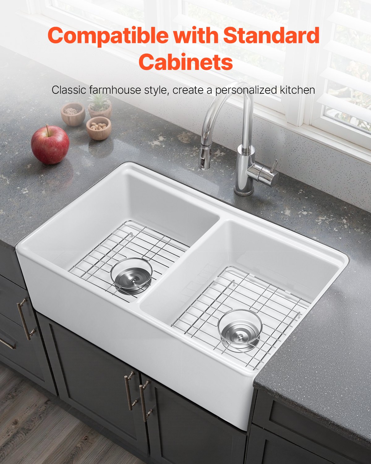VEVOR 33x20 inch Farmhouse Sink, White Sink Workstation, Fireclay Undermount Basins, Apron Front Double Bowl Basin with Multiple Accessories, Large Capacity Household Dishwasher Sinks for Kitchen
