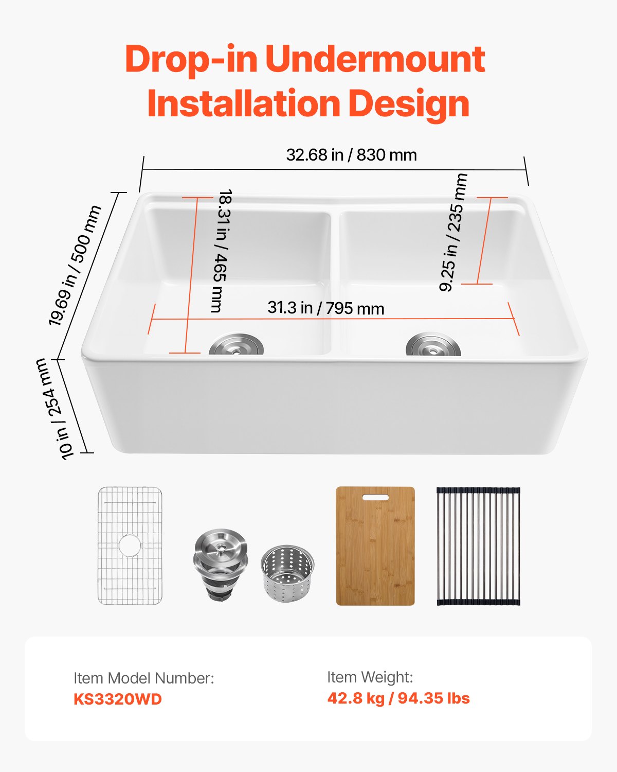 VEVOR 33x20 inch Farmhouse Sink, White Sink Workstation, Fireclay Undermount Basins, Apron Front Double Bowl Basin with Multiple Accessories, Large Capacity Household Dishwasher Sinks for Kitchen