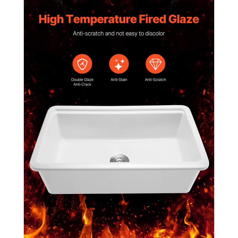 VEVOR 84cm Farmhouse Sink, White Sink Workstation, Fireclay Undermount Basins, Drop-In Single Bowl Basin with Multiple Accessories, Large Capacity Household Dishwasher Sinks for Kitchen