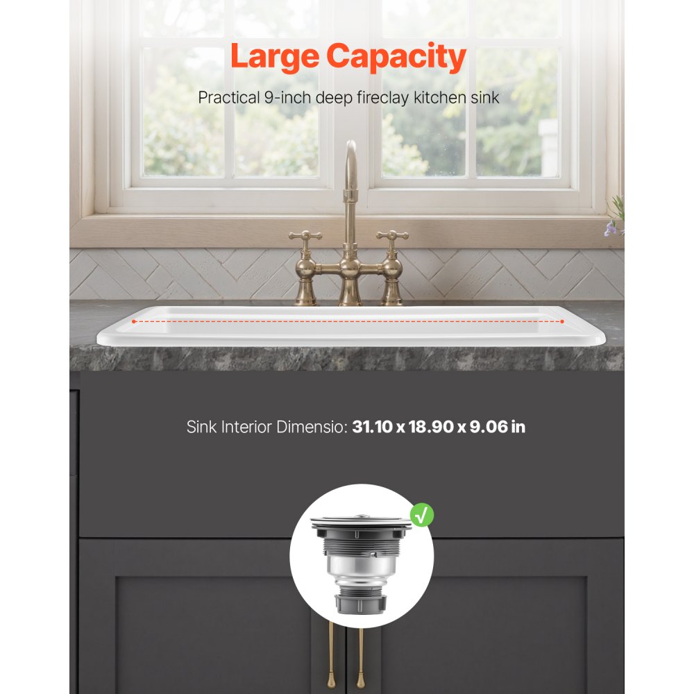 VEVOR 84cm Farmhouse Sink, White Sink Workstation, Fireclay Undermount Basins, Drop-In Single Bowl Basin with Multiple Accessories, Large Capacity Household Dishwasher Sinks for Kitchen