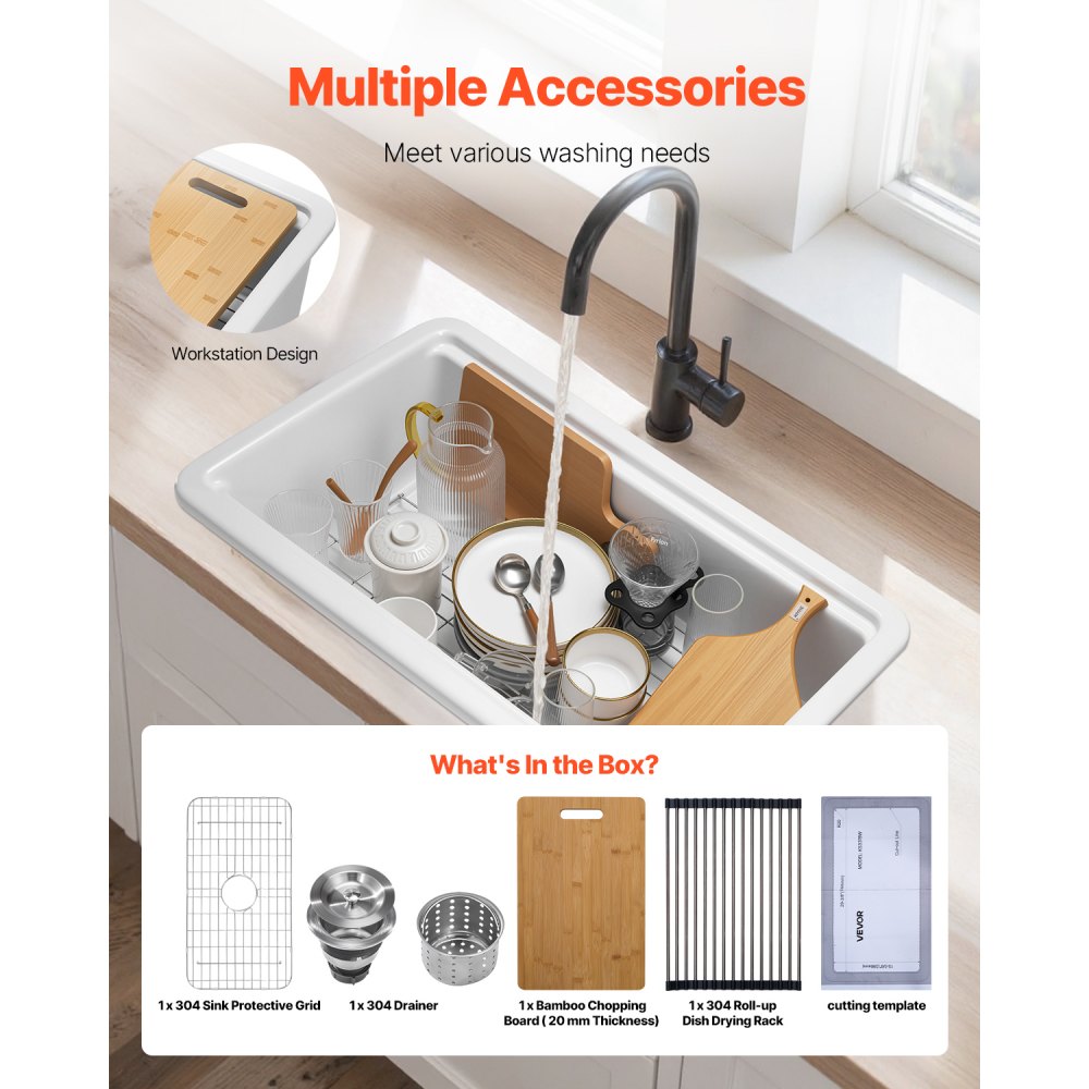 VEVOR 84cm Farmhouse Sink, White Sink Workstation, Fireclay Undermount Basins, Drop-In Single Bowl Basin with Multiple Accessories, Large Capacity Household Dishwasher Sinks for Kitchen