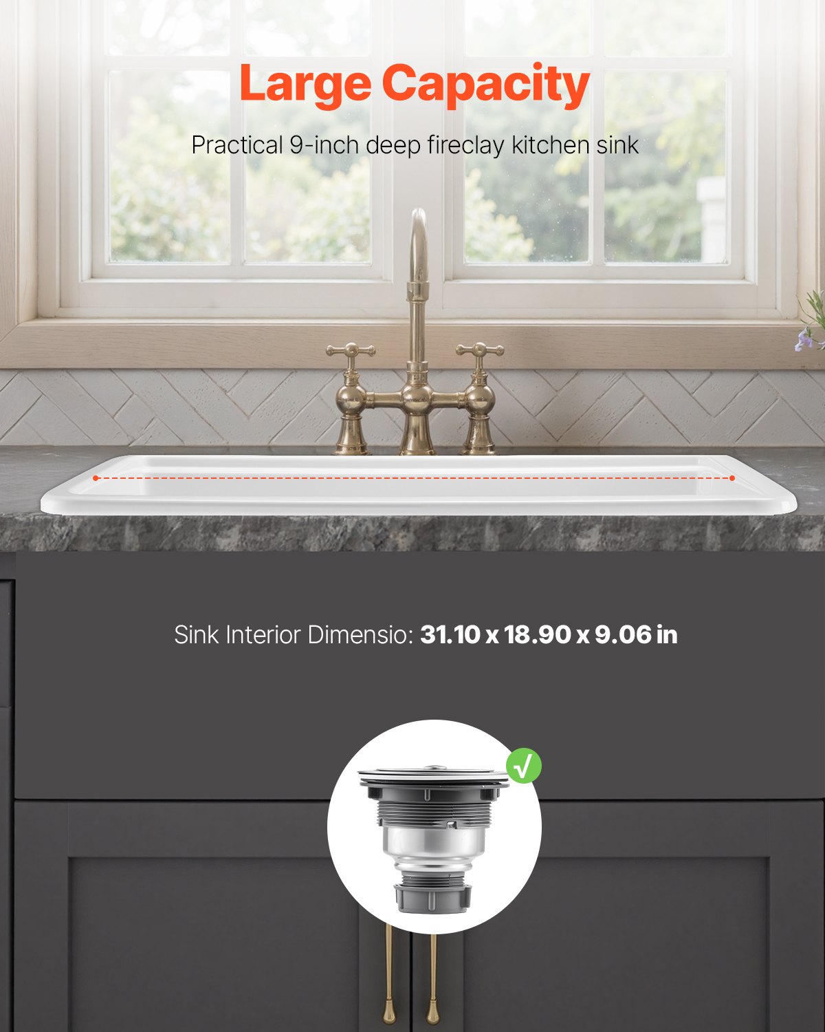 VEVOR 84cm Farmhouse Sink, White Sink Workstation, Fireclay Undermount Basins, Drop-In Single Bowl Basin with Multiple Accessories, Large Capacity Household Dishwasher Sinks for Kitchen