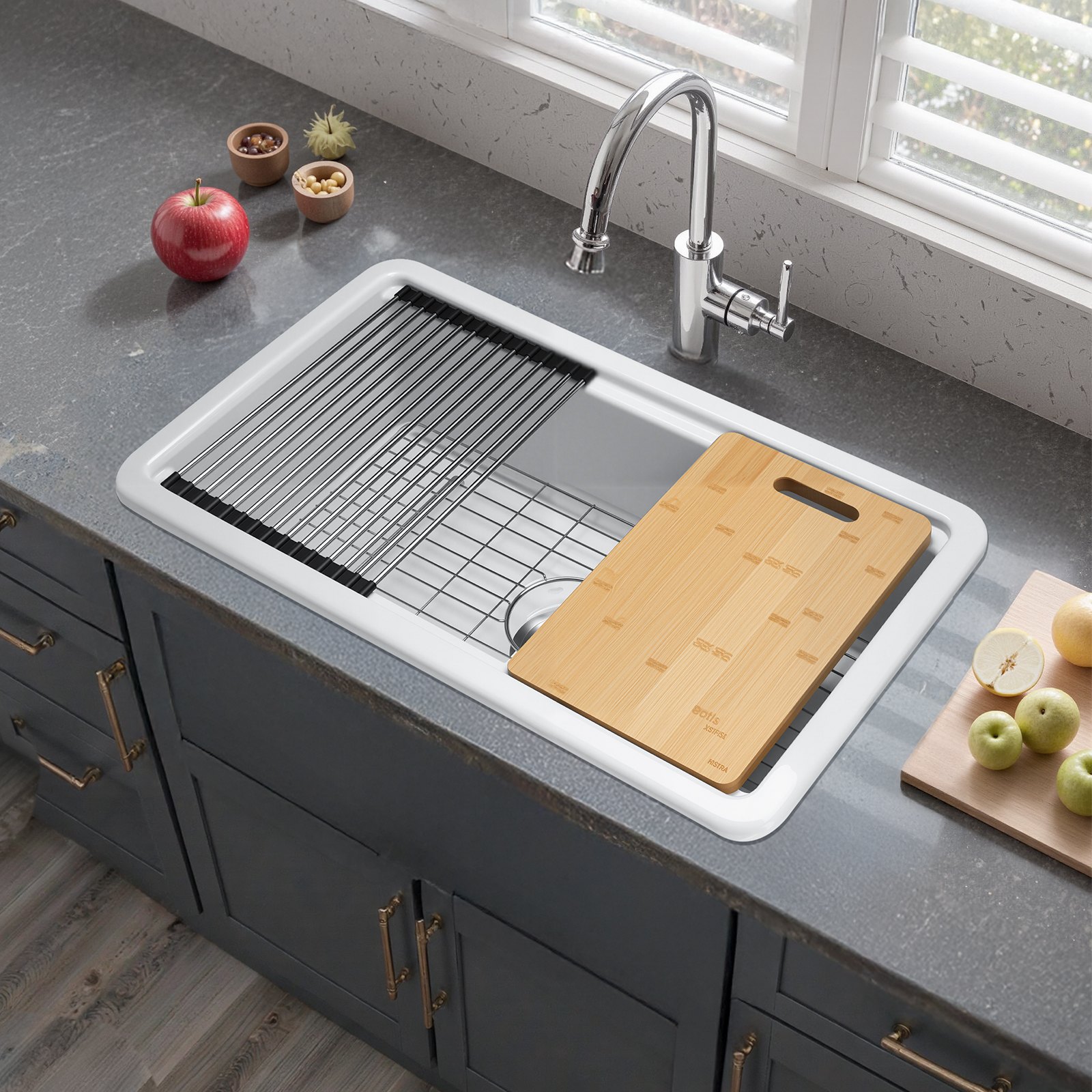 VEVOR 84cm Farmhouse Sink, White Sink Workstation, Fireclay Undermount Basins, Drop-In Single Bowl Basin with Multiple Accessories, Large Capacity Household Dishwasher Sinks for Kitchen