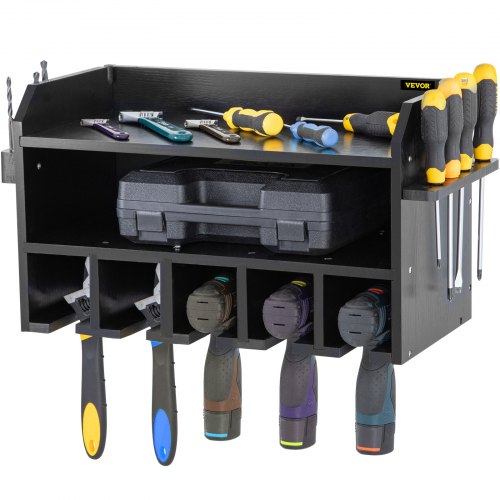 VEVOR Power Tool Organizer, Wall Mount Drill Holder, 5 Drill Hanging Slots Drill Charging Station, 2-Shelf Cordless Drill Storage, Polished Wooden Toolbox for Impact Wrench, Screwdriver Drill Black
