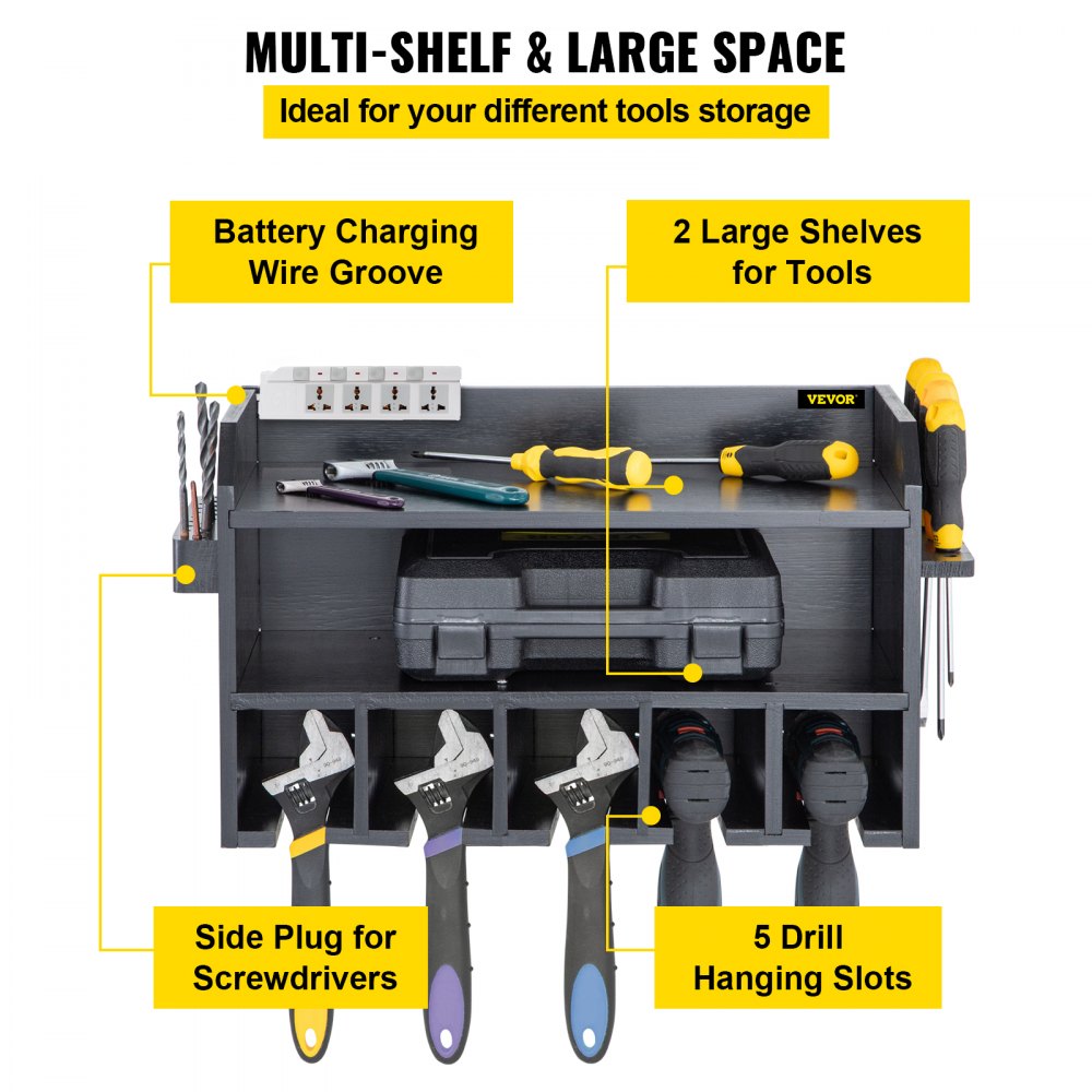 VEVOR Power Tool Organizer, Wall Mount Drill Holder, 5 Drill Hanging Slots Drill Charging Station, 2-Shelf Cordless Drill Storage, Polished Wooden Toolbox for Impact Wrench, Screwdriver Drill Black