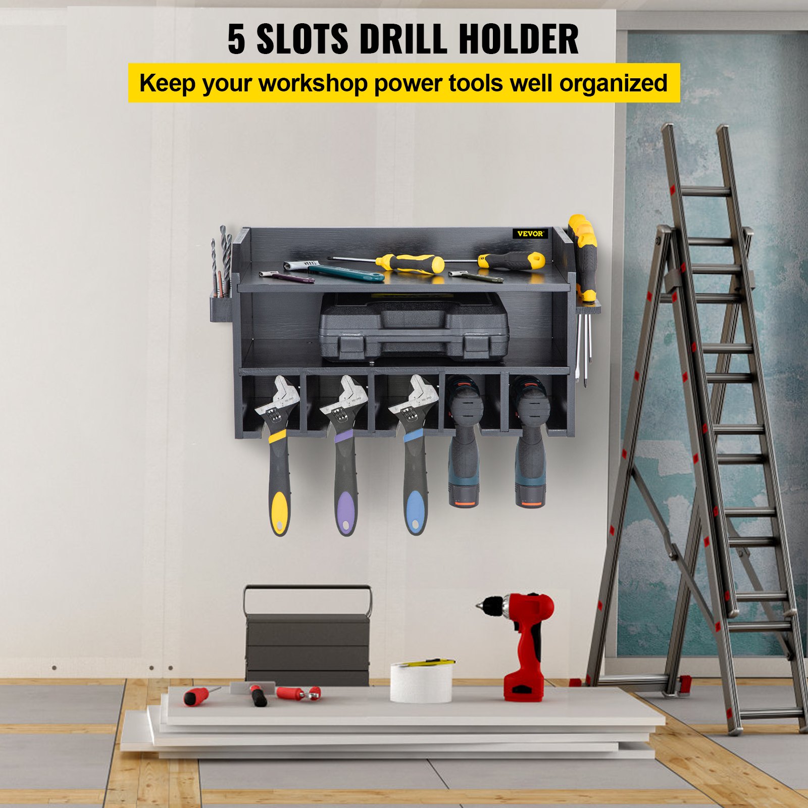 VEVOR Power Tool Organizer, Wall Mount Drill Holder, 5 Drill Hanging Slots Drill Charging Station, 2-Shelf Cordless Drill Storage, Polished Wooden Toolbox for Impact Wrench, Screwdriver Drill Black
