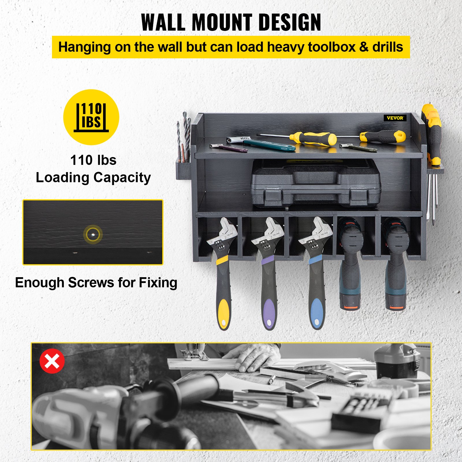 VEVOR Power Tool Organizer, Wall Mount Drill Holder, 5 Drill Hanging Slots Drill Charging Station, 2-Shelf Cordless Drill Storage, Polished Wooden Toolbox for Impact Wrench, Screwdriver Drill Black