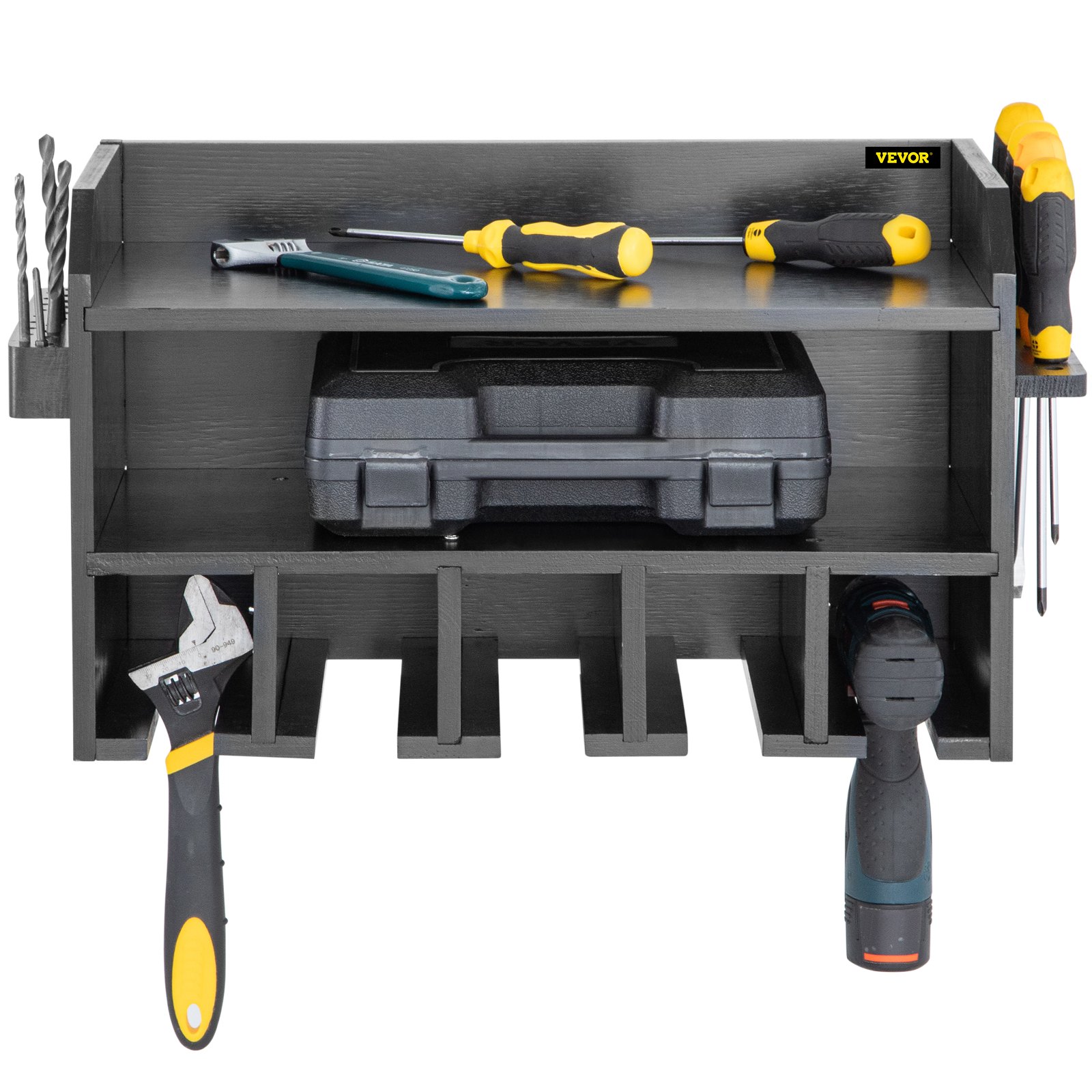 VEVOR Power Tool Organizer, Wall Mount Drill Holder, 5 Drill Hanging Slots Drill Charging Station, 2-Shelf Cordless Drill Storage, Polished Wooden Toolbox for Impact Wrench, Screwdriver Drill Black