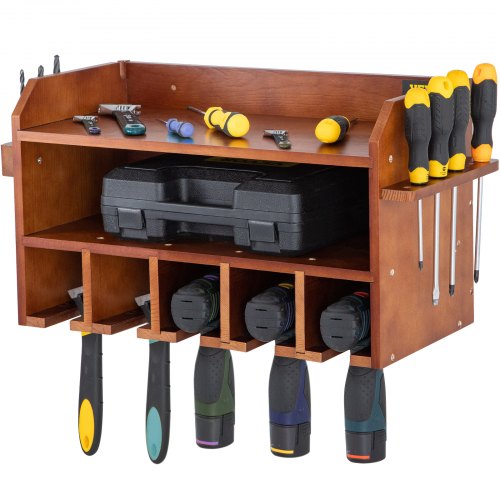 VEVOR Power Tool Organizer, Wall Mount Drill Holder, 5 Drill Hanging Slots Drill Charging Station, 2-Shelf Cordless Drill Storage, Polished Wooden Toolbox for Saw, Wrench, Screwdriver Drill Brown