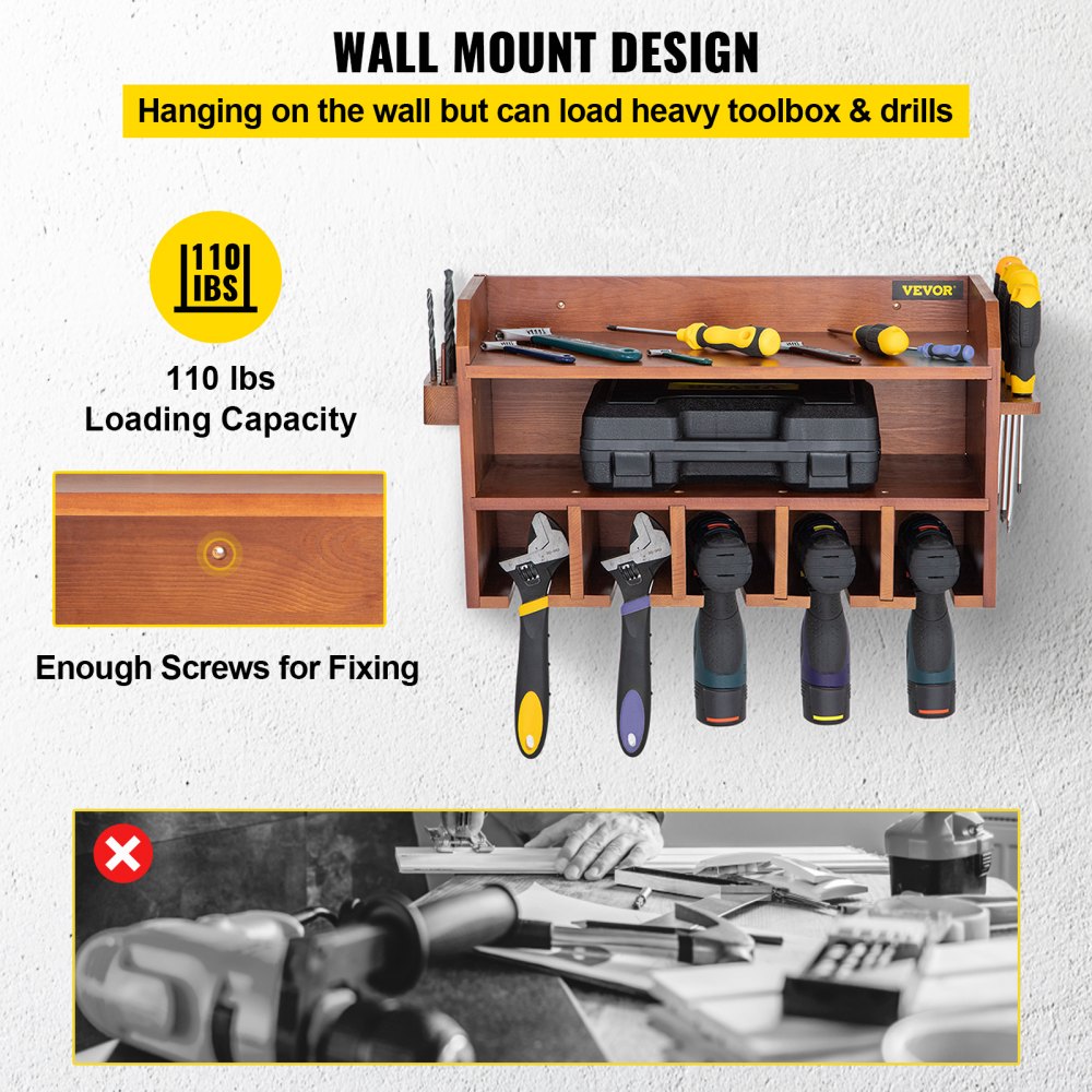 VEVOR Power Tool Organizer, Wall Mount Drill Holder, 5 Drill Hanging Slots Drill Charging Station, 2-Shelf Cordless Drill Storage, Polished Wooden Toolbox for Saw, Wrench, Screwdriver Drill Brown