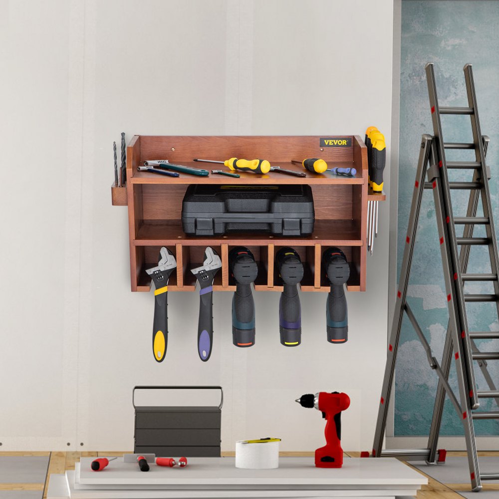 VEVOR Power Tool Organizer, Wall Mount Drill Holder, 5 Drill Hanging Slots Drill Charging Station, 2-Shelf Cordless Drill Storage, Polished Wooden Toolbox for Saw, Wrench, Screwdriver Drill Brown