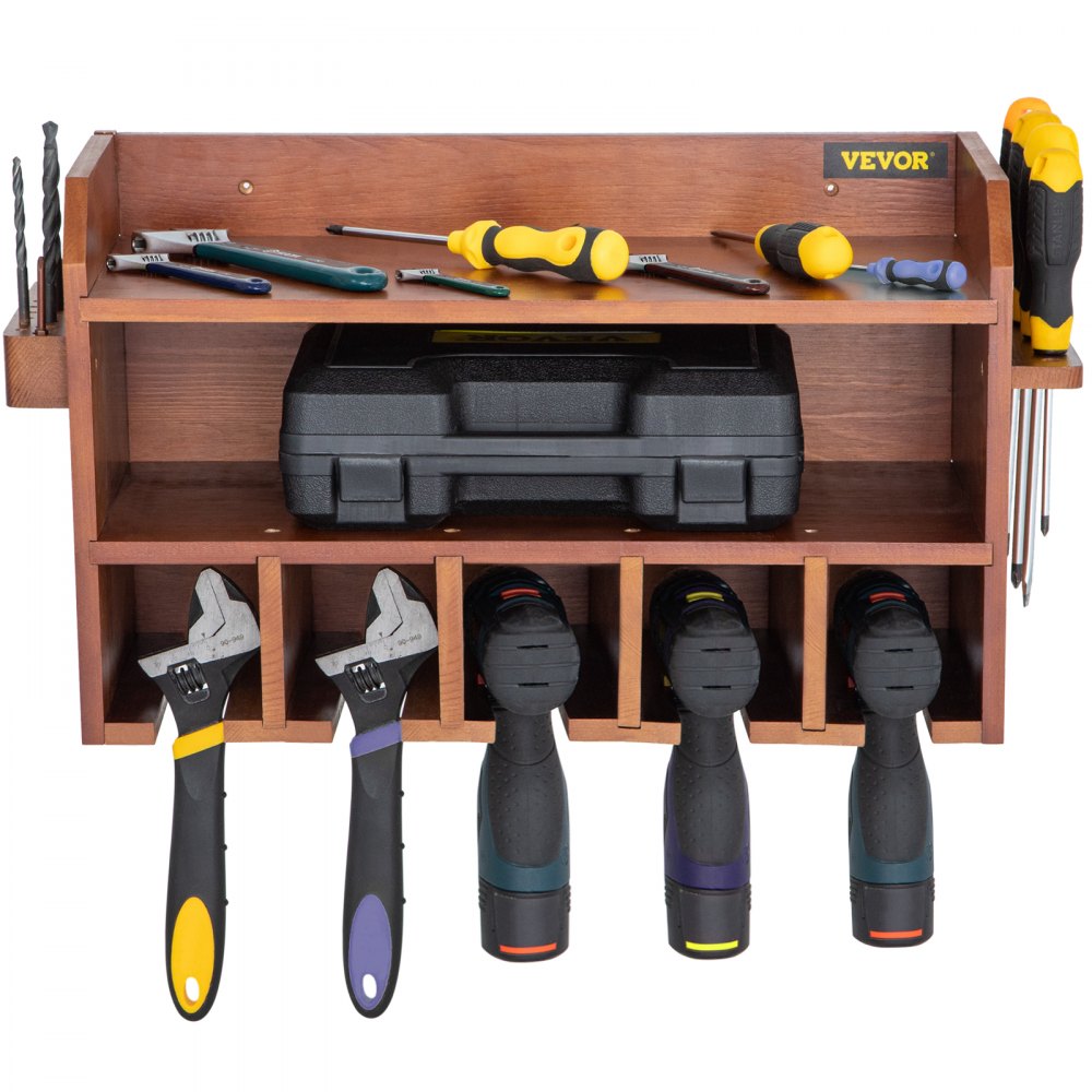 VEVOR Power Tool Organizer, Wall Mount Drill Holder, 5 Drill Hanging Slots Drill Charging Station, 2-Shelf Cordless Drill Storage, Polished Wooden Toolbox for Saw, Wrench, Screwdriver Drill Brown