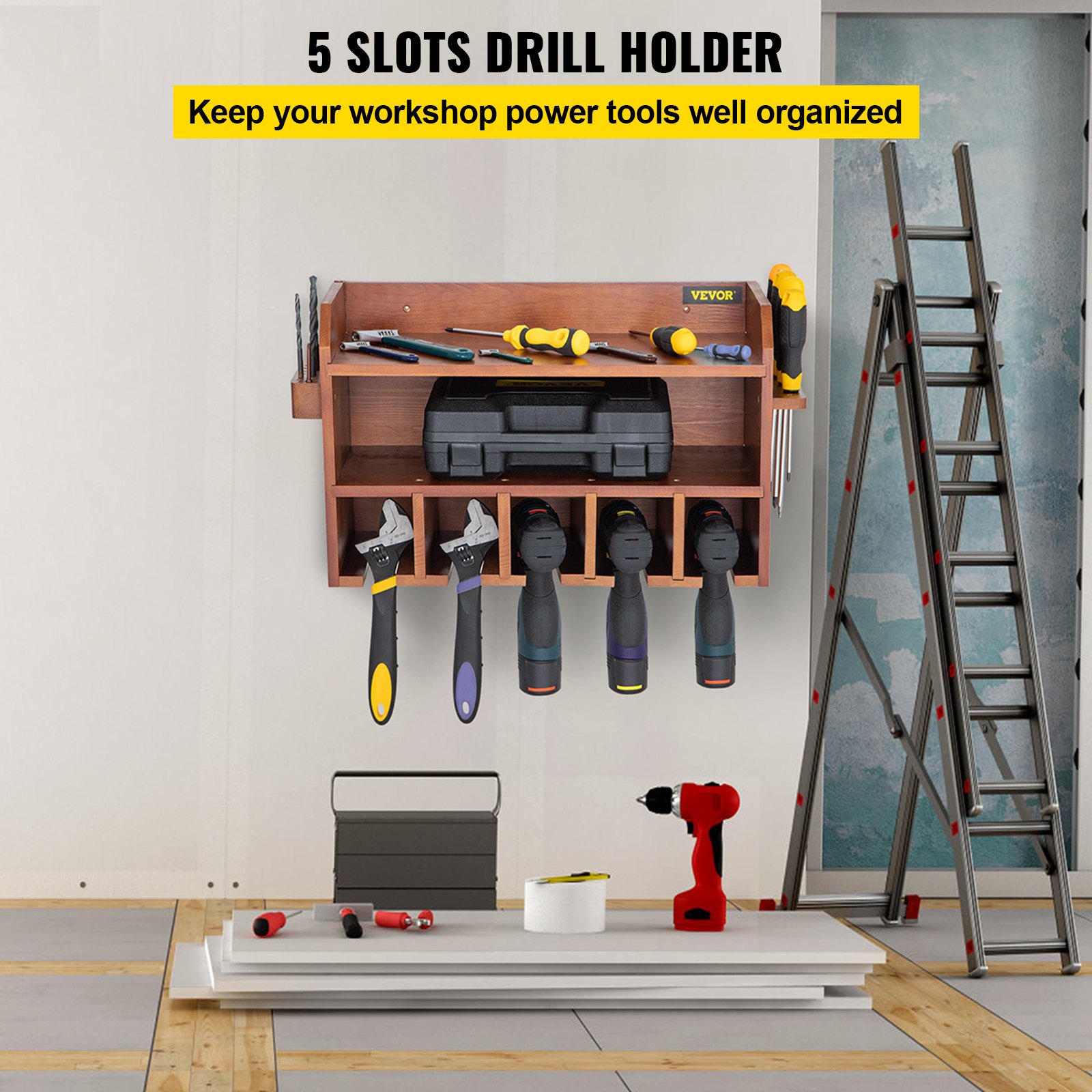 VEVOR Power Tool Organizer, Wall Mount Drill Holder, 5 Drill Hanging Slots Drill Charging Station, 2-Shelf Cordless Drill Storage, Polished Wooden Toolbox for Saw, Wrench, Screwdriver Drill Brown